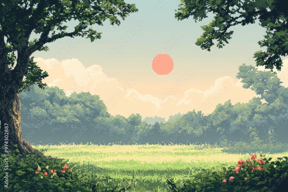 Poster peaceful surreal 16-bit day scene with pixel sun and copy space in composite finish