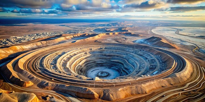 Aerial view of the massive Mirny Mine, one of the largest diamond mines in the world, situated in the remote Siberian wilderness of Russia.