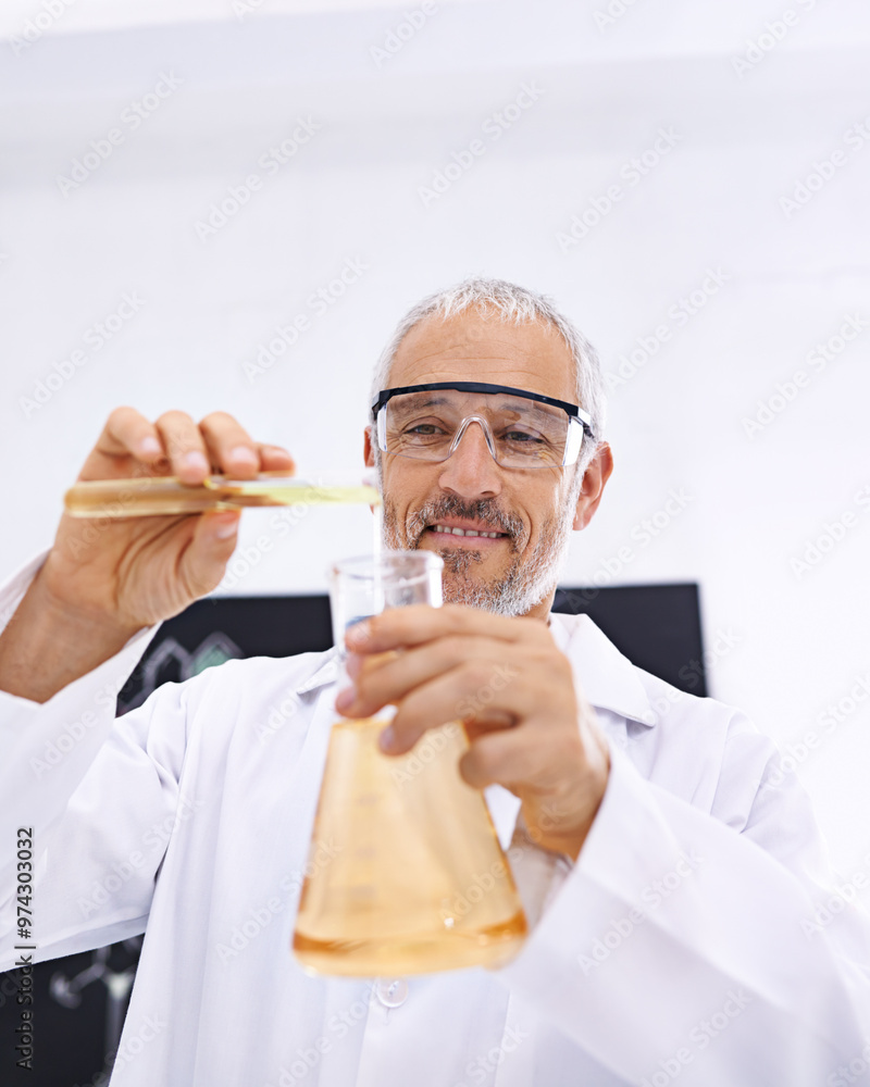 Wall mural Smile, chemistry and scientist liquid in lab, mature man and medical research for healthcare. Glasses, chemical and test with beaker, experimental and drug development for mpox, science and clinic