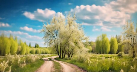Obraz premium Defocused spring landscape. Beautiful nature with flowering willow branches and forest road against blue sky with clouds, soft focus. Ultra wide format 