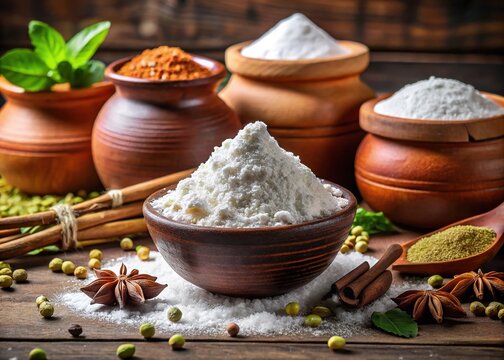 A heap of white chuna powder, also known as slaked lime, sits on a rustic wooden table, surrounded by earthen pots and Indian spices.