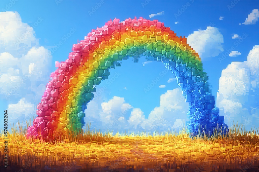 Poster 'pixelated rainbow in playful retro game landscape' with copy space for design - dynamic composite f