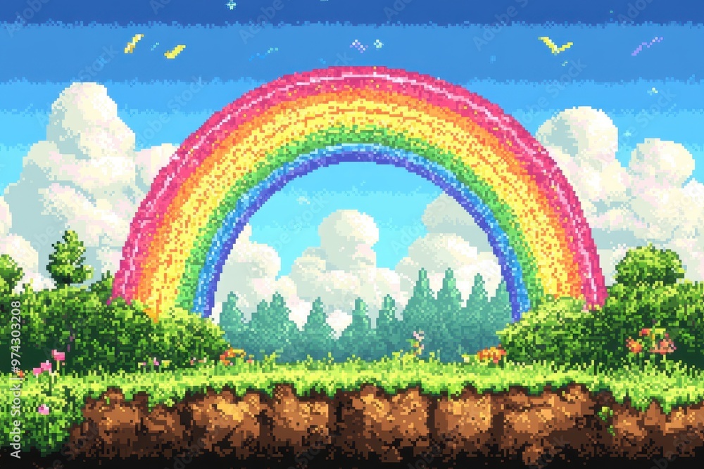 Aufkleber pixelated rainbow in retro game landscape with copy space, playful and dynamic design