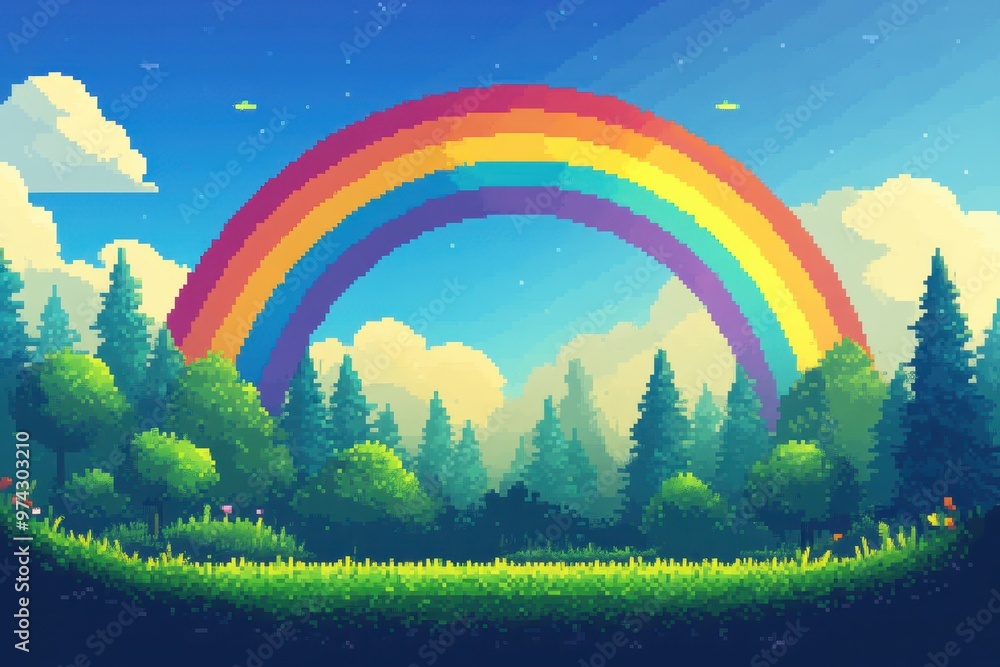 Aufkleber pixelated rainbow arc in playful retro game landscape with copy space - dynamic composite finish