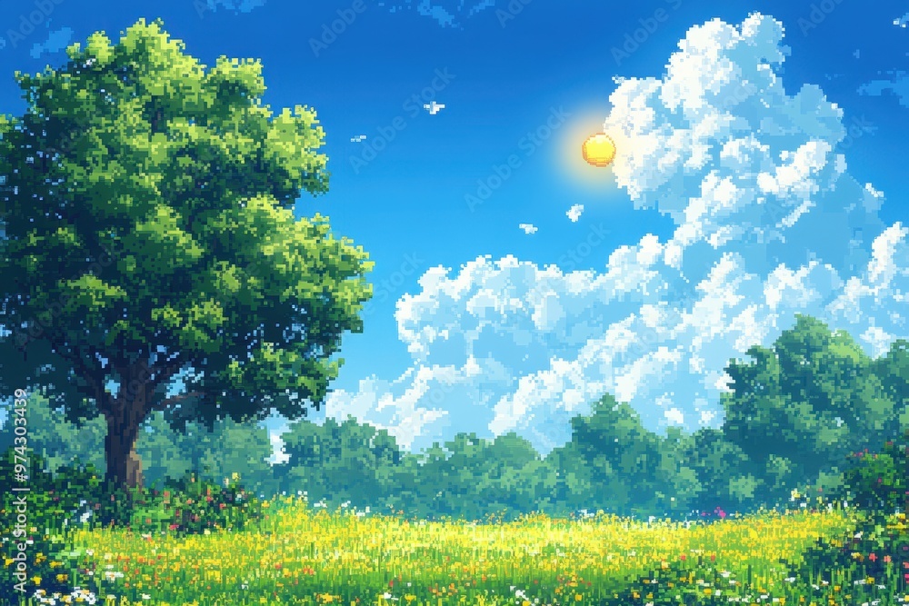 Poster tranquil 16-bit pixel art day scene with minimal clouds and copy space in ethereal fusion effect