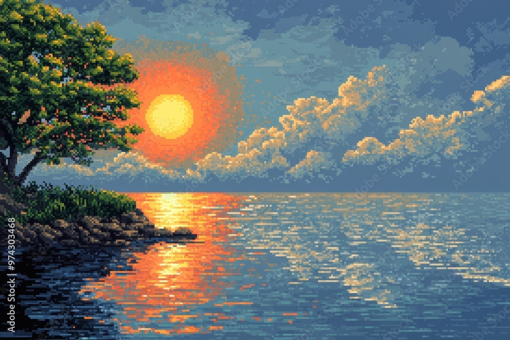 Poster tranquil pixelated day: ethereal 16-bit scene with sun and minimal clouds providing copy space in pe