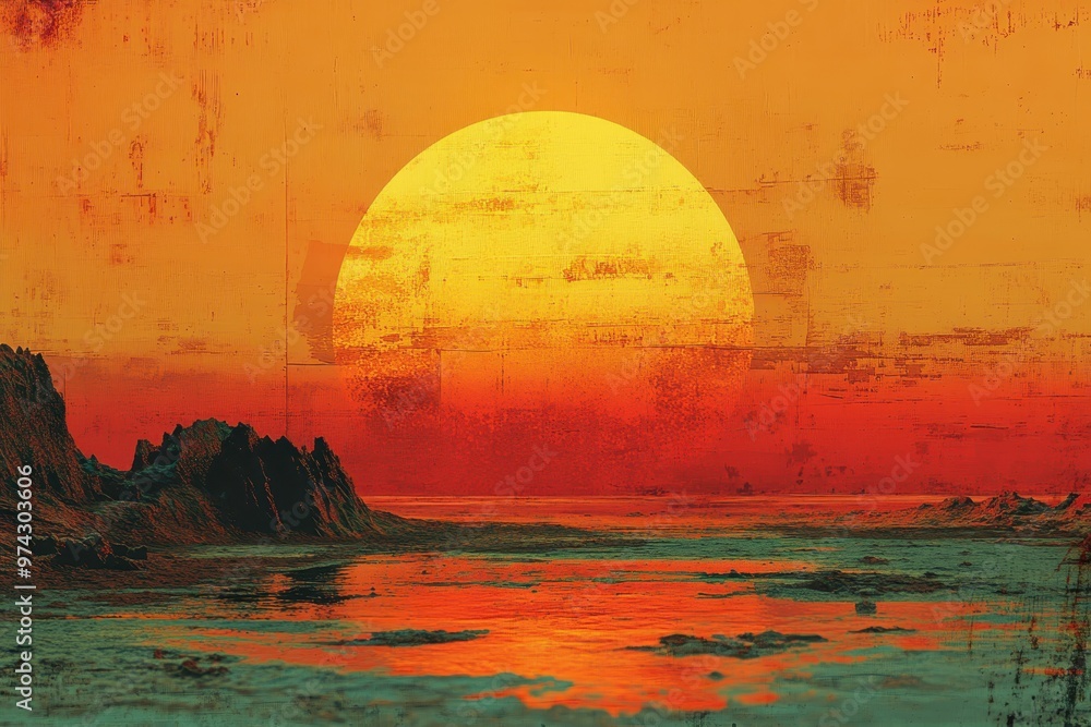 Aufkleber retro pixel daydream: peaceful sun scene with vibrant double exposure technique for copy space in mi