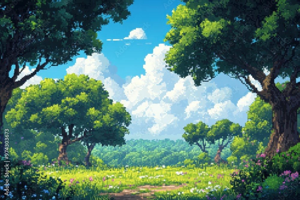 Poster whimsical pixelated forest landscape with retro vibes and copy space for text - modern overlay style