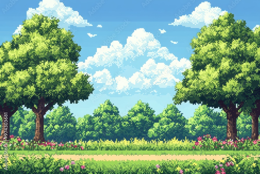 Poster whimsical pixelated forest scene with retro vibe and copy space for text overlay