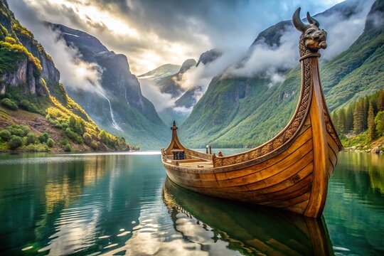A majestic, intricately carved wooden longboat with a curved sternpost and raised stern, adorned with mythical creatures, sails through calm, misty fjord waters.