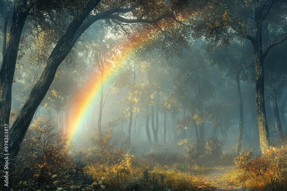 Poster enchanted 8-bit rainbow arching over pixelated forest - tranquil composite scene with copy space