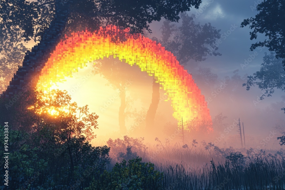 Poster enchanted 8-bit rainbow arc over pixelated forest - ethereal composite design with copy space