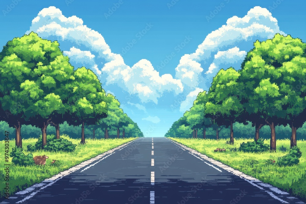 Poster pixelated retro forest road with wildlife in fusion style | dynamic minimalist game world landscape 