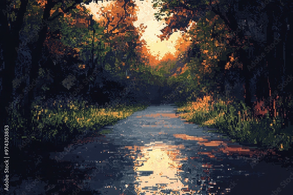 Poster retro game world - pixelated road through minimalist forest with wildlife and copy space in dynamic 