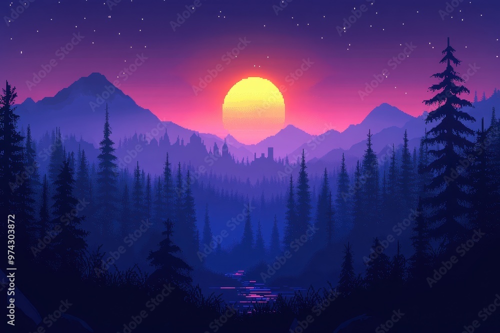 Aufkleber pixel castle adventure - simplified retro game setting with vibrant manipulation effect