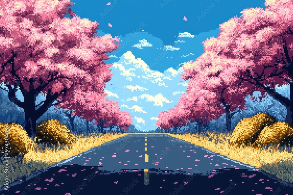 Aufkleber retro 8-bit pixelated road in peaceful video game landscape with copy space and ethereal blend mode 