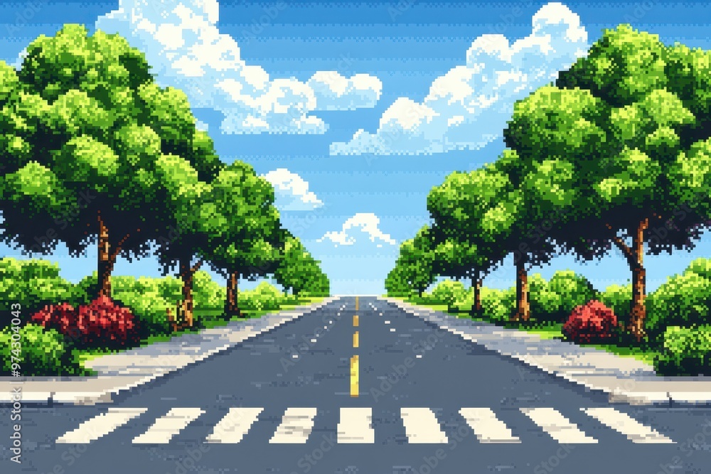 Poster pixelated retro 8-bit road cutting through ethereal landscape with copy space, video game scene in b