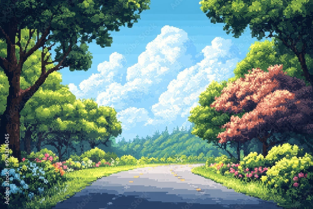 Poster pixelated 8-bit road through retro landscape with ethereal blend mode effect for copy space in video