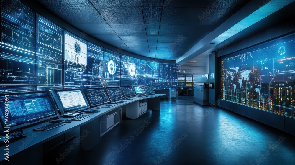 Poster futuristic control room with advanced technology and data visualization