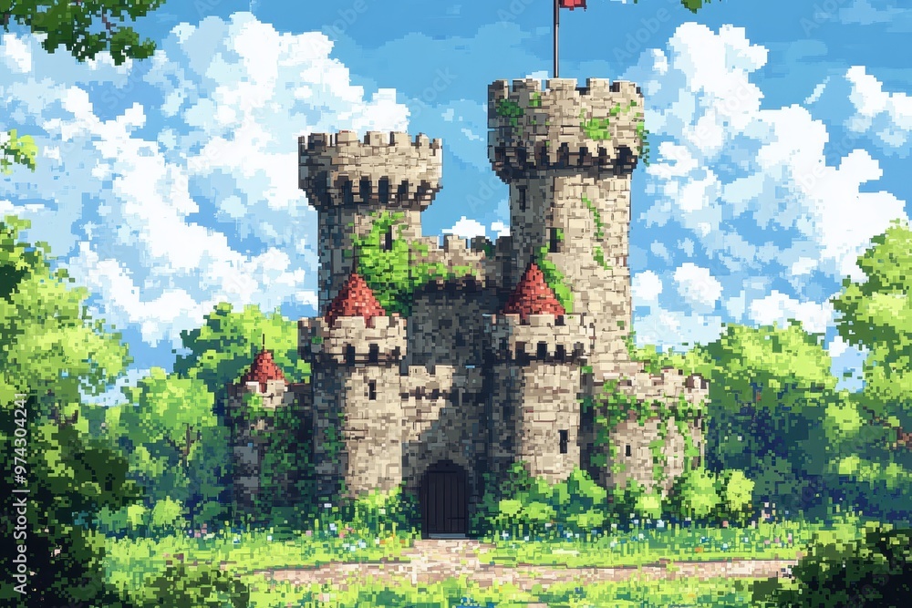 Poster pixelated castle surreal scene with copy space | retro adventure game style render in blend mode tec