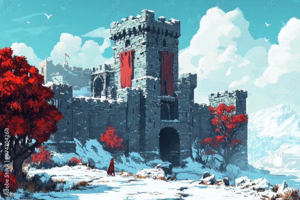 Poster retro pixel castle with surreal blend mode trees and bushes in adventure game scene