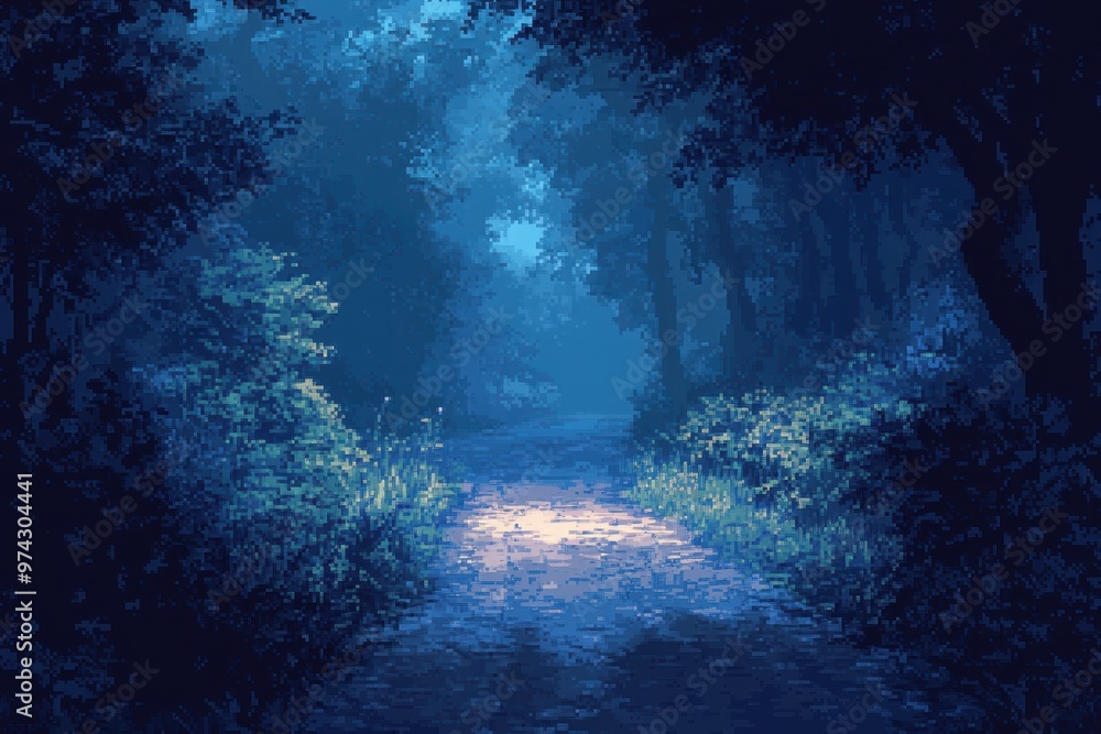 Poster digital forest drive - tranquil pixelated road in 16-bit game style with minimalistic bushes and tre