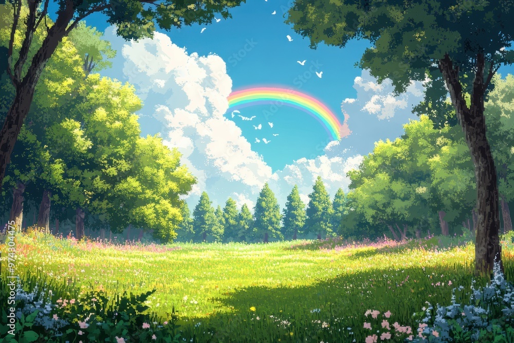 Poster pixelated retro forest with rainbow in whimsical 8-bit landscape setting - serene composite scene wi