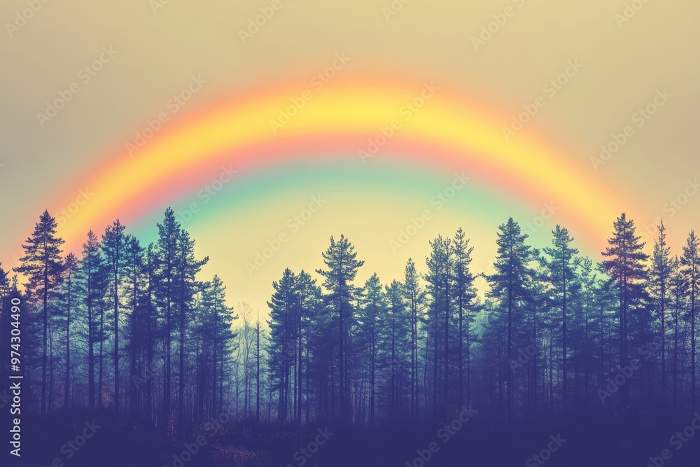 Poster retro pixelated forest with dense trees, rainbow, and copy space in 8-bit whimsical landscape compos