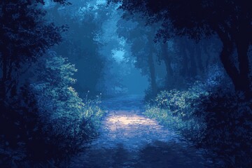 Fototapeta premium Digital Forest Drive - Tranquil Pixelated Road in 16-Bit Game Style with Minimalistic Bushes and Trees, Double Exposure Copy Space