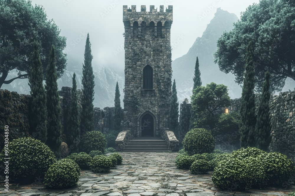 Poster surreal pixel castle in minimalistic retro game world with copy space, composite technique