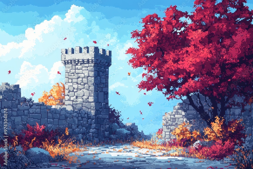 Poster enchanted pixel castle in a minimalistic forest - surreal retro game world with copy space for desig