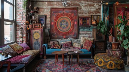 Obraz premium A bohemian living room with colorful furniture, patterned rugs, and eclectic decor.