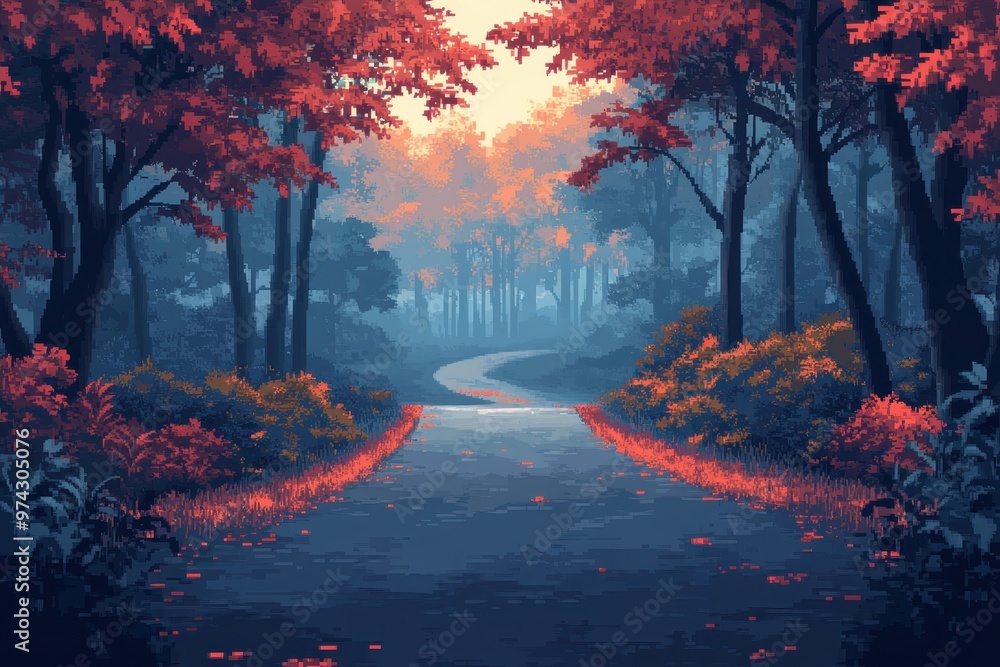 Aufkleber retro pixelated forest landscape with wildlife and winding road for copy space in dynamic overlay st