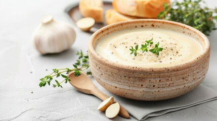 A bowl of bechamel sauce with nutmeg and thyme.