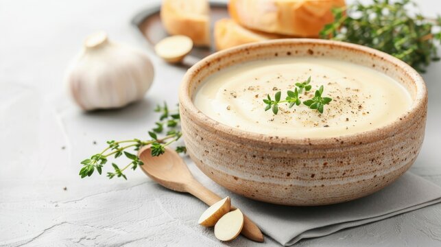 A bowl of bechamel sauce with nutmeg and thyme.