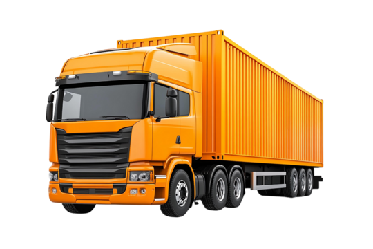 Vibrant orange truck with a shipping container