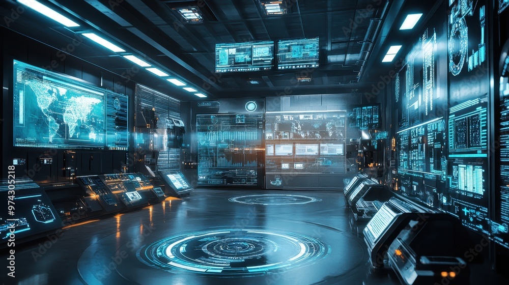 Poster futuristic command center with advanced technology and holographic displays