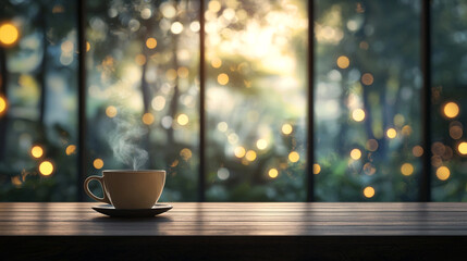 Coffee cup on a wooden table during breakfast