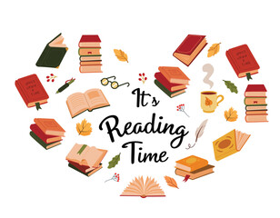 Heart shape set of books and autumn elements, education  symbols. Vector circle season frme for book store, learning, library, reading club, banner concept design. Inscription - Is reading time.