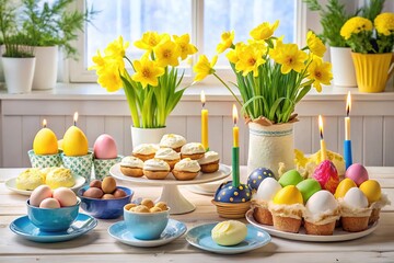 Colorful Swedish Easter table setting with decorated eggs, daffodils, and traditional treats likeSemantic, and Swedish flags, surrounded by pastel-colored candles and spring flowers.