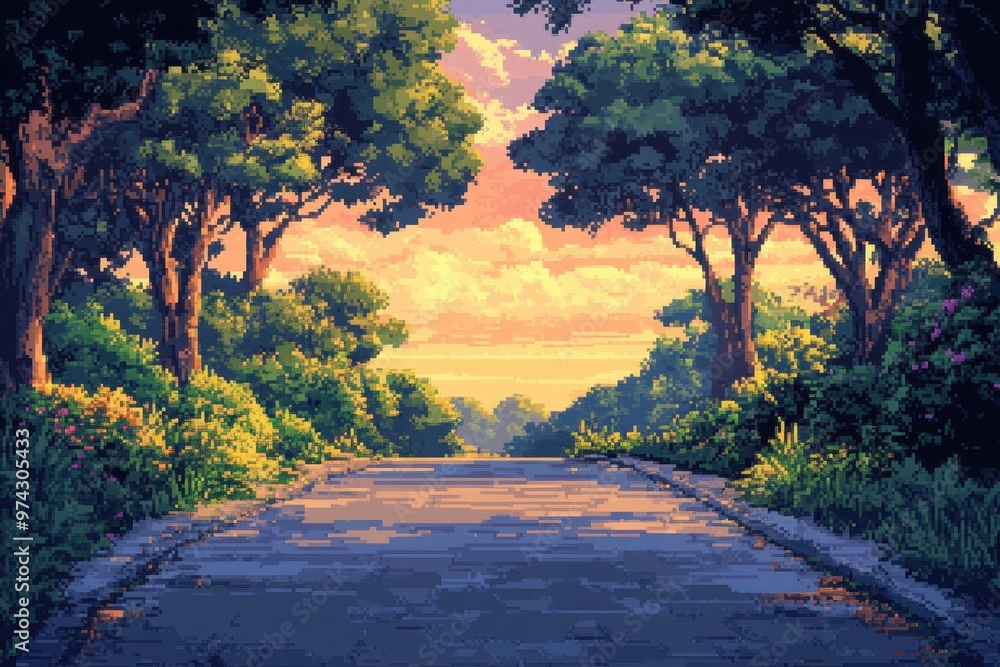 Poster retro pixel road in enchanted forest - tranquil game world with copy space for message, whimsical ov
