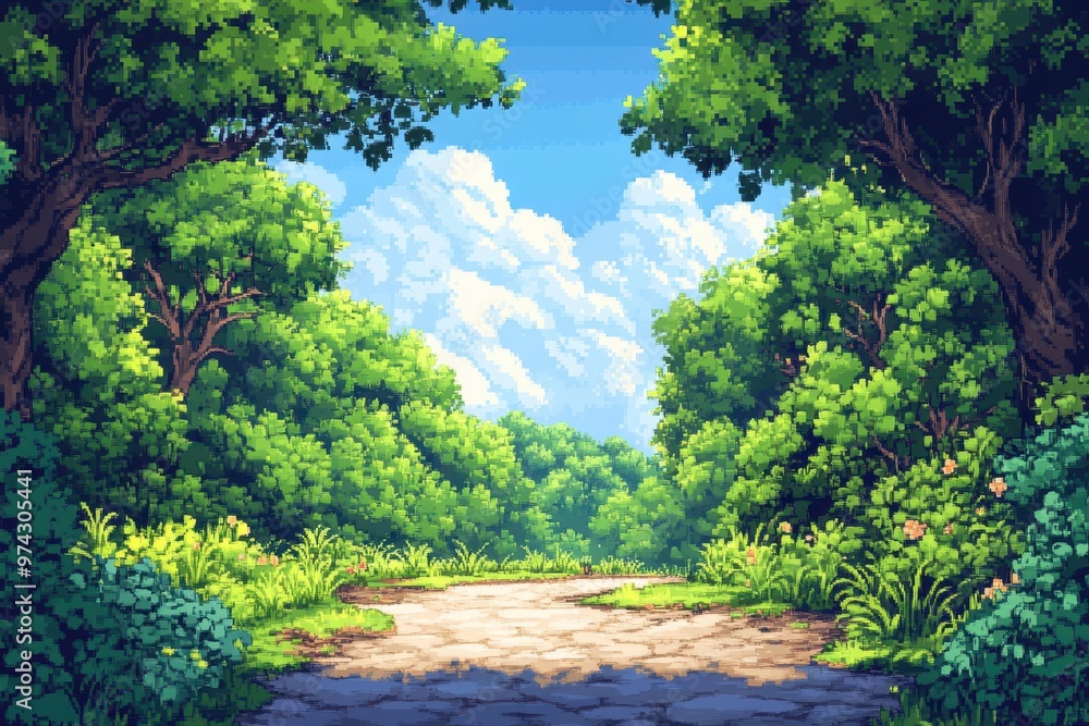 Aufkleber enchanted pixelated forest path with copy space in retro game style, whimsical overlay effect