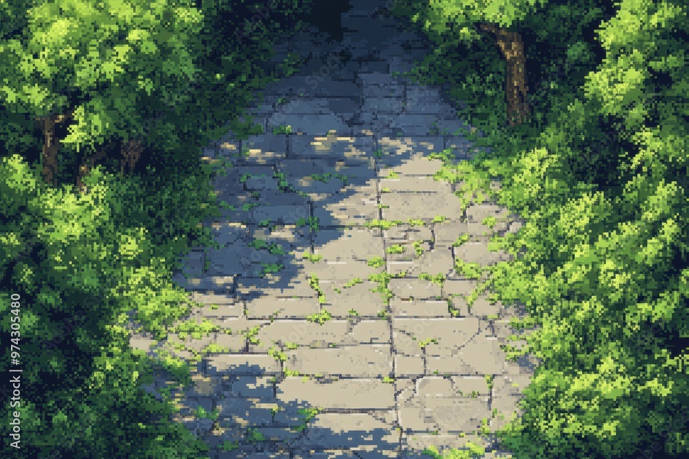 Poster enchanted pixelated path in retro game world with copy space, whimsical overlay effect