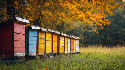 Background shot with a line of wooden colorful hives where bees produce honey and wax in an autumn meadow in an apiary near the forest