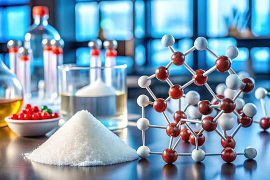 Crystalline structures of xylose and arabinose, two five-carbon pentose sugars, displayed on a lab bench amidst 