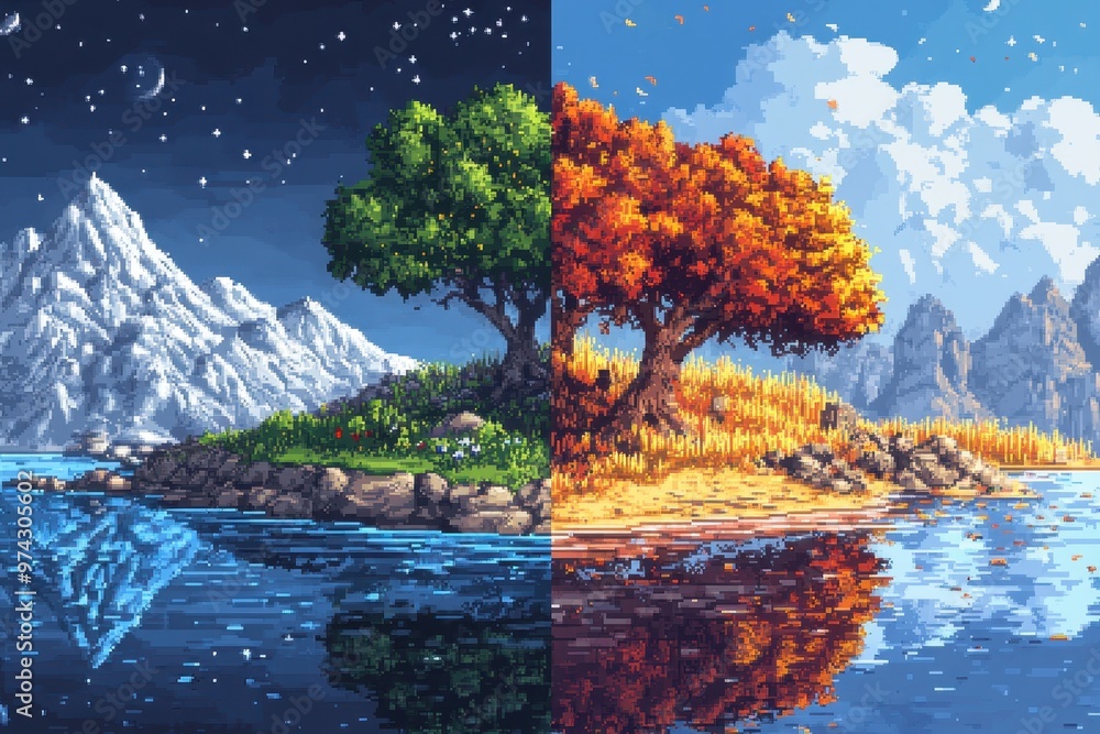 Poster harmonious day and night split with pixel wildlife and trees in surreal adventure game setting