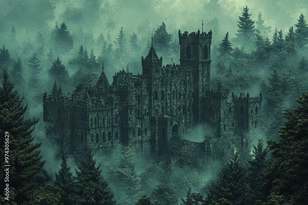 Poster ethereal pixel castle in retro landscape surrounded by pixelated forest - tranquil fantasy scene wit