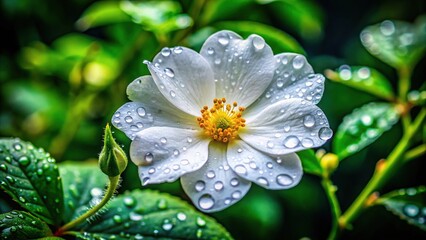 Delicate petals of a solitary white bloom glisten with raindrops, contrasting against a rich green leafy background, evoking serenity and hope on a gloomy day.