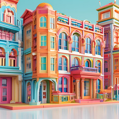 Obraz premium A colorful, isometric illustration of a row of historic buildings with ornate facades.