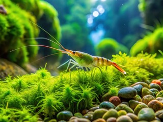 Delicate shrimp moss carpeting a tranquil freshwater streambed, with vibrant green tendrils swaying gently in the current, creating a serene and peaceful underwater atmosphere.